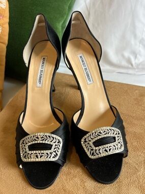 Nordstrom Black Satin Open-Toe Heels with Crystal Buckle